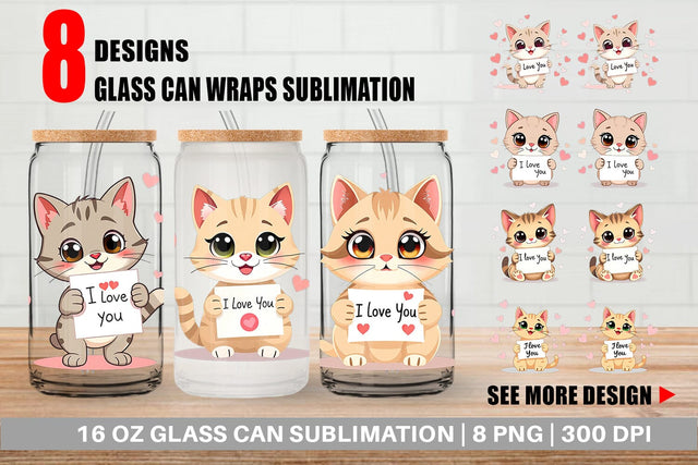 Glass Can Wraps Valentine Cat Cartoon Sublimation artnoy 