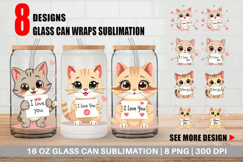 Glass Can Wraps Valentine Cat Cartoon Sublimation artnoy 