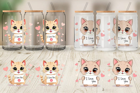 Glass Can Wraps Valentine Cat Cartoon Sublimation artnoy 