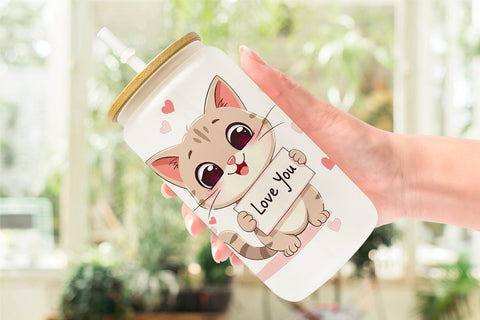 Glass Can Wraps Valentine Cat Cartoon Sublimation artnoy 