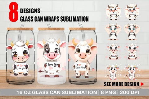 Glass Can Wraps Valentine Cow Cartoon Sublimation artnoy 
