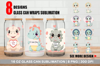 Glass Can Wraps Valentine Dinosaur Cartoon Sublimation artnoy 