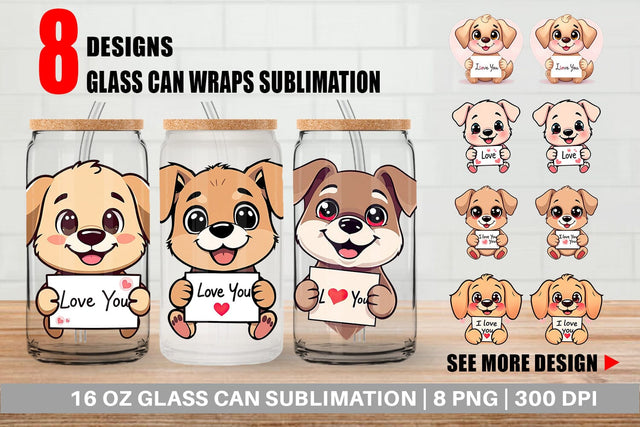 Glass Can Wraps Valentine Dog Cartoon Sublimation artnoy 