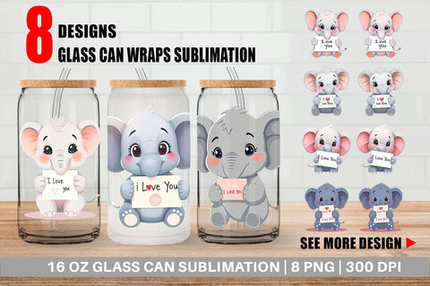 Glass Can Wraps Valentine Elephant Cartoon Sublimation artnoy 