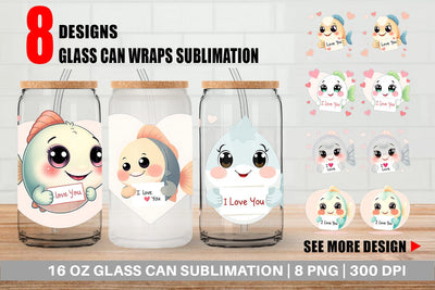 Glass Can Wraps Valentine Fish Cartoon Sublimation artnoy 