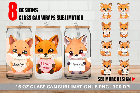 Glass Can Wraps Valentine Fox Cartoon Sublimation artnoy 