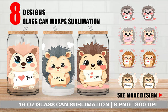Glass Can Wraps Valentine Hedgehog Cartoon Sublimation artnoy 