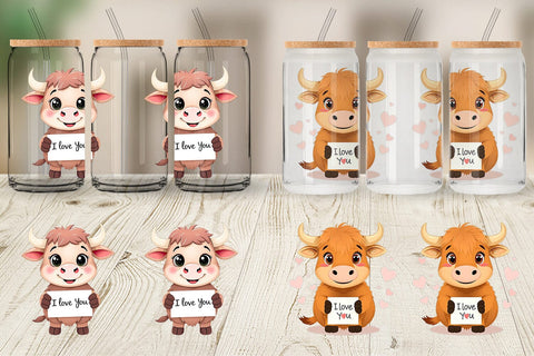 Glass Can Wraps Valentine Highland Cow Cartoon Sublimation artnoy 