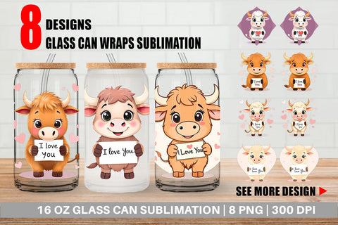 Glass Can Wraps Valentine Highland Cow Cartoon Sublimation artnoy 