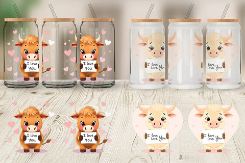 Glass Can Wraps Valentine Highland Cow Cartoon Sublimation artnoy 