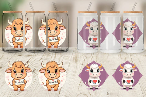 Glass Can Wraps Valentine Highland Cow Cartoon Sublimation artnoy 