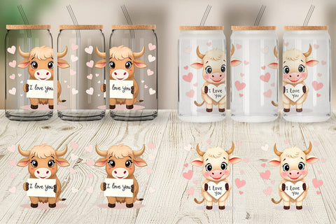 Glass Can Wraps Valentine Highland Cow Cartoon Sublimation artnoy 