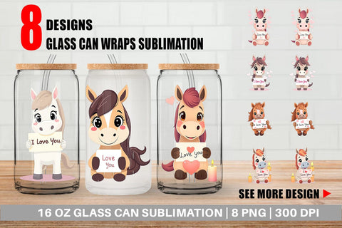 Glass Can Wraps Valentine Horse Cartoon Sublimation artnoy 