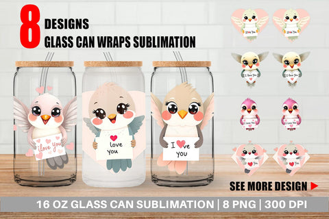 Glass Can Wraps Valentine Hummingbird Cartoon Sublimation artnoy 