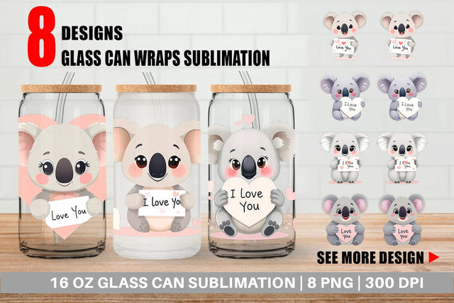Glass Can Wraps Valentine Koala Cartoon Sublimation artnoy 