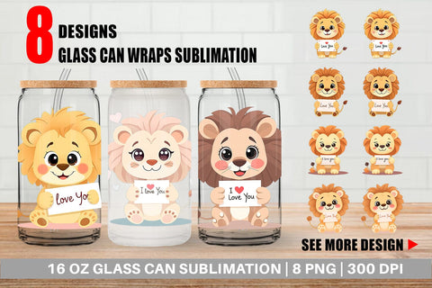Glass Can Wraps Valentine Lion Cartoon Sublimation artnoy 