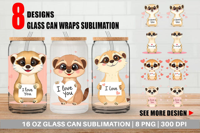 Glass Can Wraps Valentine Meerkat Cartoon Sublimation artnoy 