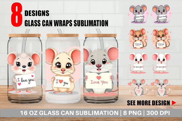 Glass Can Wraps Valentine Mouse Cartoon Sublimation artnoy 