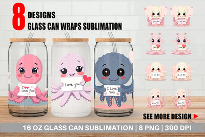 Glass Can Wraps Valentine Octopus Cartoon Sublimation artnoy 