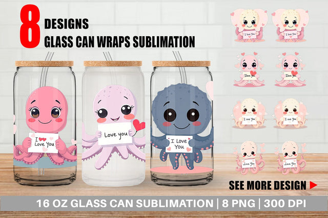 Glass Can Wraps Valentine Octopus Cartoon Sublimation artnoy 