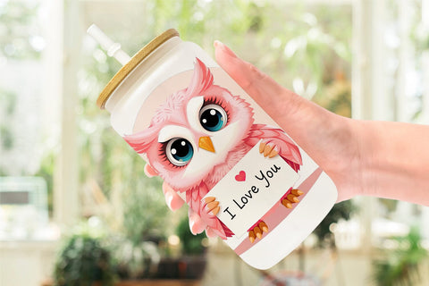 Glass Can Wraps Valentine Owl Cartoon Sublimation artnoy 