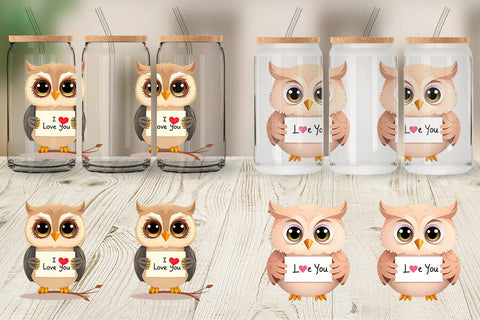 Glass Can Wraps Valentine Owl Cartoon Sublimation artnoy 