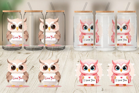 Glass Can Wraps Valentine Owl Cartoon Sublimation artnoy 