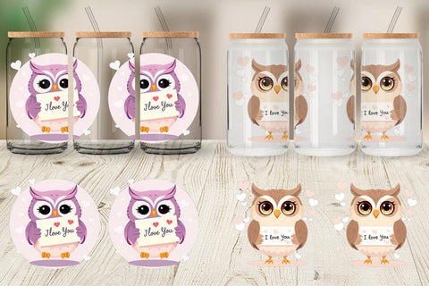 Glass Can Wraps Valentine Owl Cartoon Sublimation artnoy 