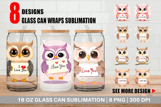 Glass Can Wraps Valentine Owl Cartoon Sublimation artnoy 