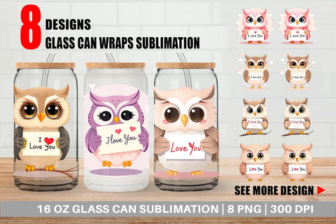 Glass Can Wraps Valentine Owl Cartoon Sublimation artnoy 