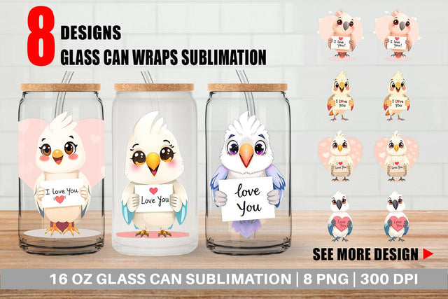 Glass Can Wraps Valentine Parrot Cartoon Sublimation artnoy 