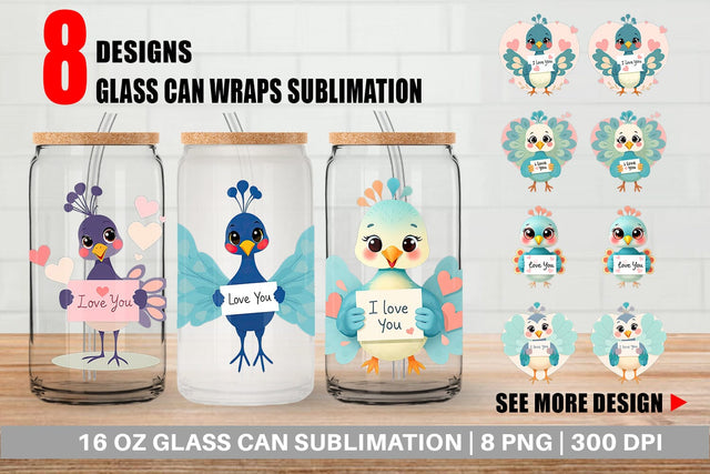 Glass Can Wraps Valentine Peacock Cartoon Sublimation artnoy 
