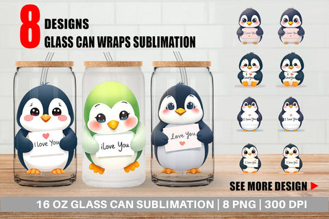 Glass Can Wraps Valentine Penguin Cartoon Sublimation artnoy 