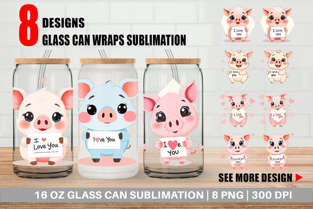Glass Can Wraps Valentine Pig Cartoon Sublimation artnoy 