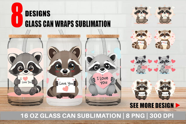 Glass Can Wraps Valentine Raccoon Cartoon Sublimation artnoy 