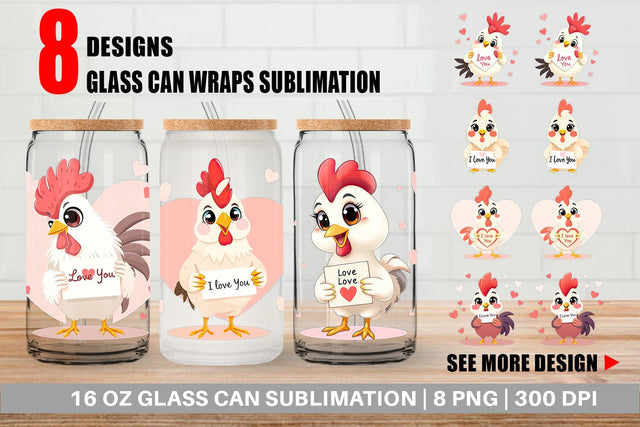 Glass Can Wraps Valentine Rooster Cartoon Sublimation artnoy 