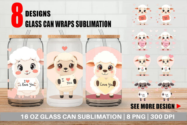 Glass Can Wraps Valentine Sheep Cartoon Sublimation artnoy 