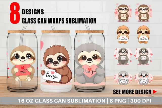 Glass Can Wraps Valentine Sloth Cartoon Sublimation artnoy 