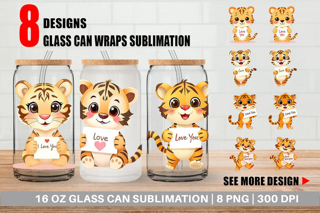 Glass Can Wraps Valentine Tiger Cartoon Sublimation artnoy 