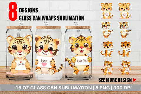 Glass Can Wraps Valentine Tiger Cartoon Sublimation artnoy 