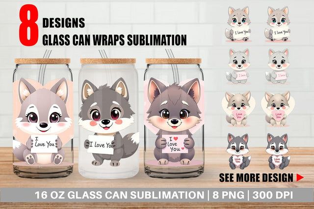 Glass Can Wraps Valentine Wolf Cartoon Sublimation artnoy 