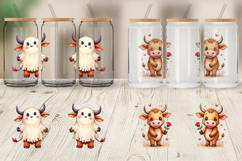 Glass Can Year-Round UglyCute Highland Cow Seasonal Watercolor Sublimation artnoy 