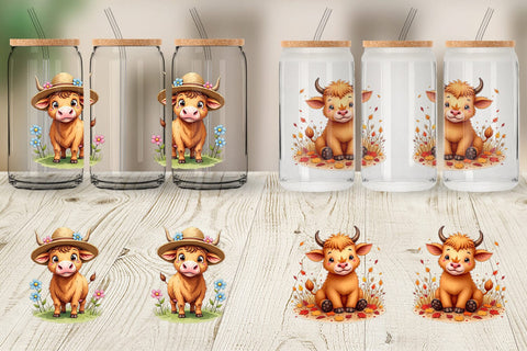 Glass Can Year-Round UglyCute Highland Cow Seasonal Watercolor Sublimation artnoy 