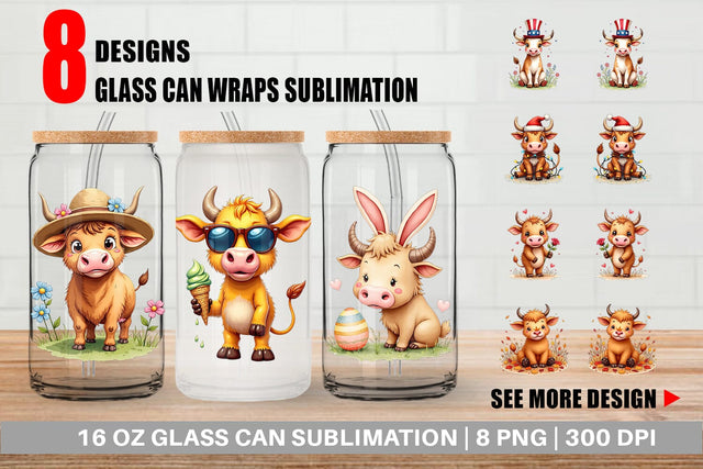 Glass Can Year-Round UglyCute Highland Cow Seasonal Watercolor Sublimation artnoy 