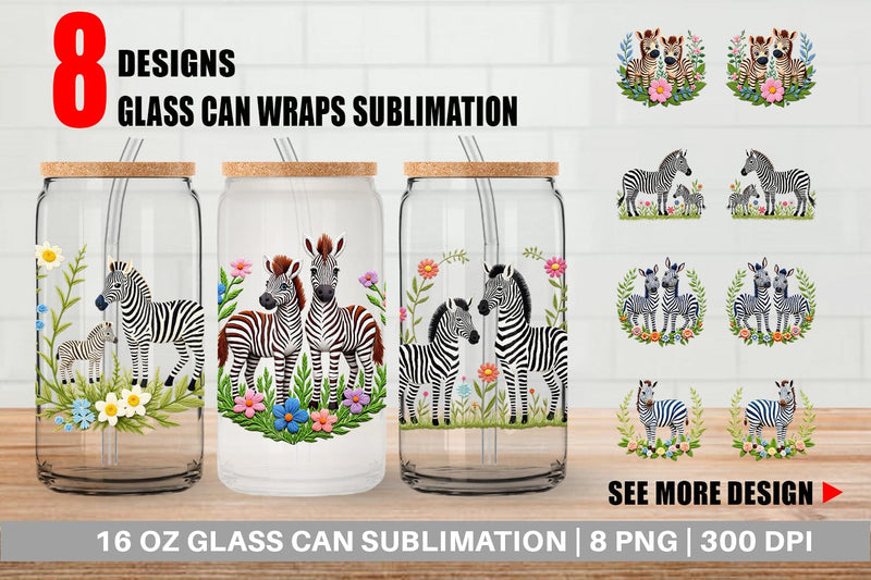 Glass Can Zebra Embroidery Sublimation artnoy 