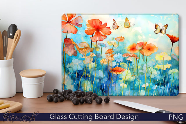 Glass Cutting Board | Butterflies and Flowers Sublimation Pfiffen's World 