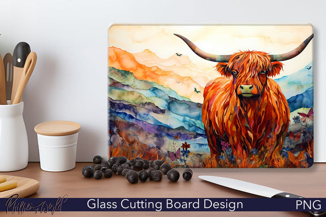 Glass Cutting Board Design | Highland cow and Mountains Sublimation Pfiffen's World 