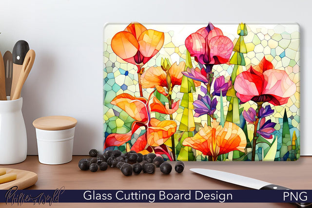 Glass Cutting Board Design | Mosaic Watercolor Flowers Meadow Sublimation Pfiffen's World 