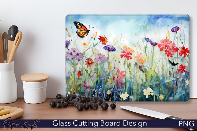 Glass Cutting Board | Flowers Meadow and Butterflies Sublimation Pfiffen's World 