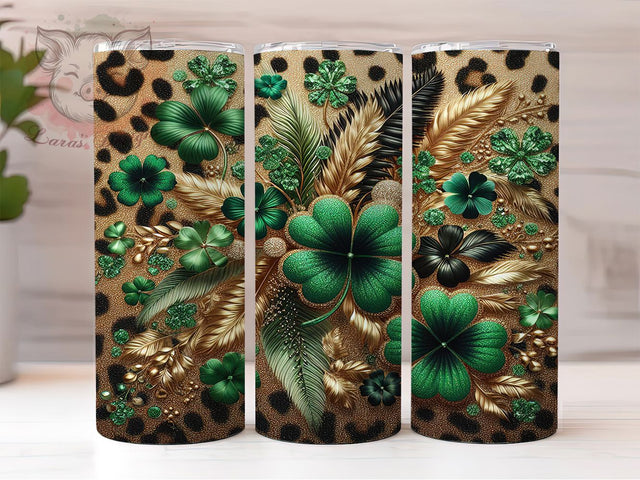 Glitter Animal Print Shamrock Tumbler, Animal Print Tumbler, Stylish 20oz Wrap, Sublimation Design, Trendy Gift Idea, Seamless Clover Wrap, St. Patrick’s Lucky Tumbler Sublimation Lara' s Designs 